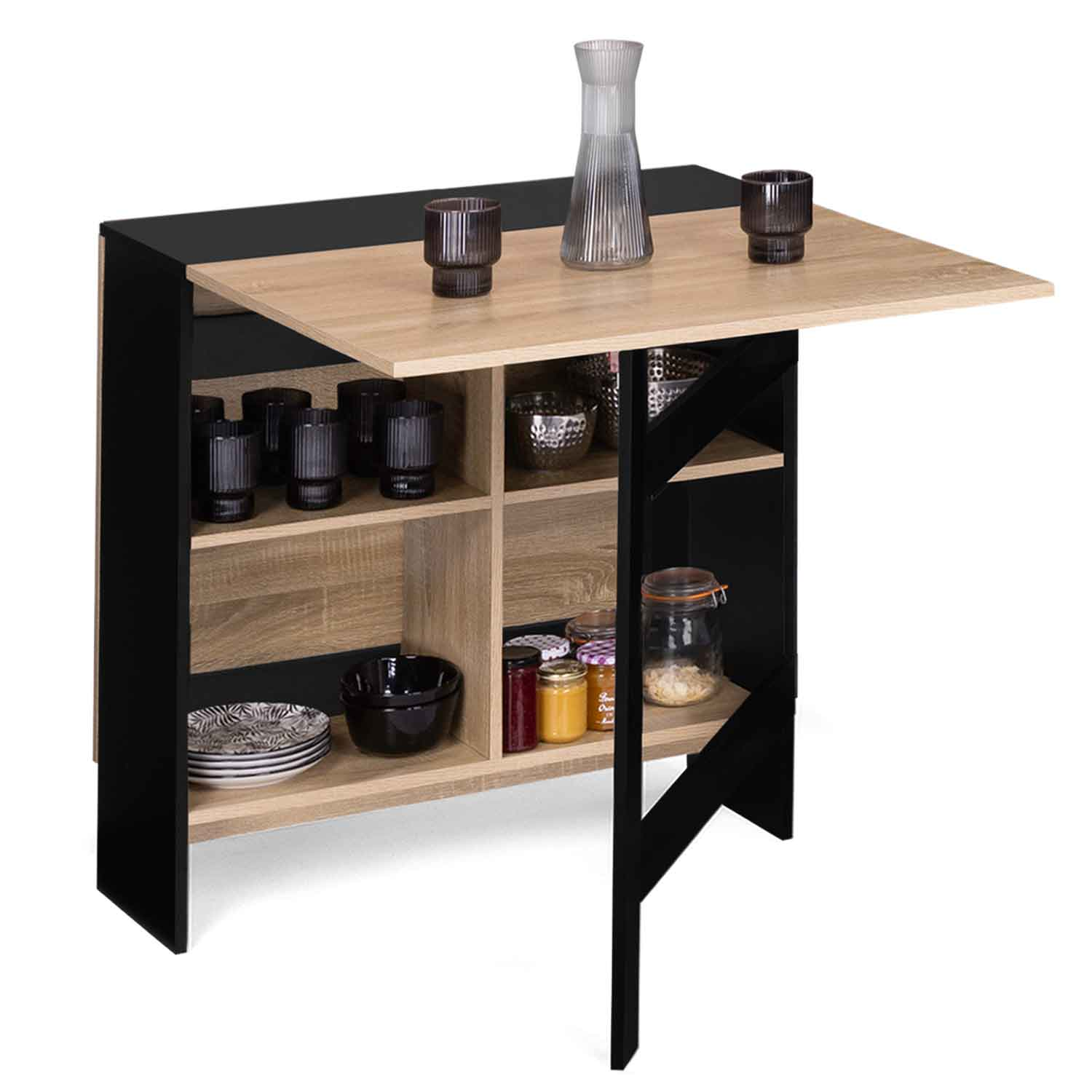 Table console pliante noire plateau bois double rangement - EDI