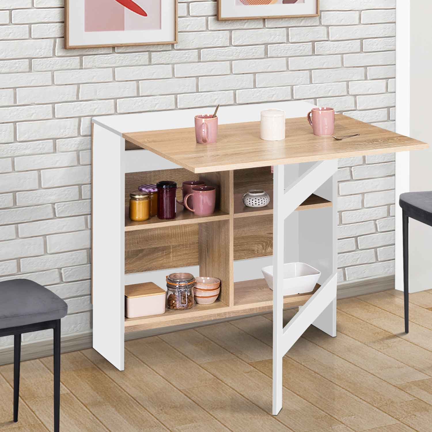 Table pliante blanche plateau bois avec double rangement central