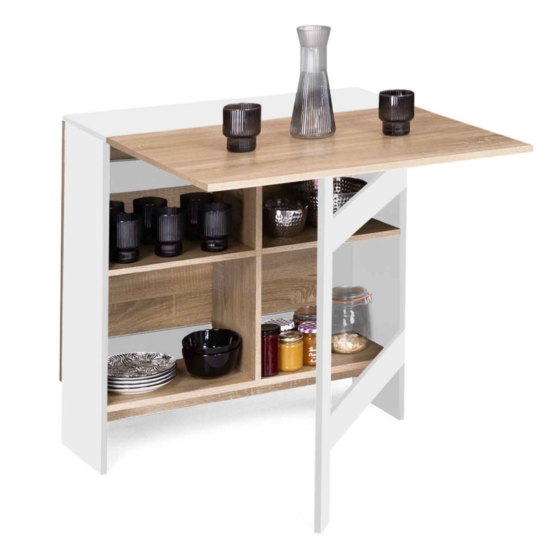 Table console pliante blanche plateau bois double rangement - EDI