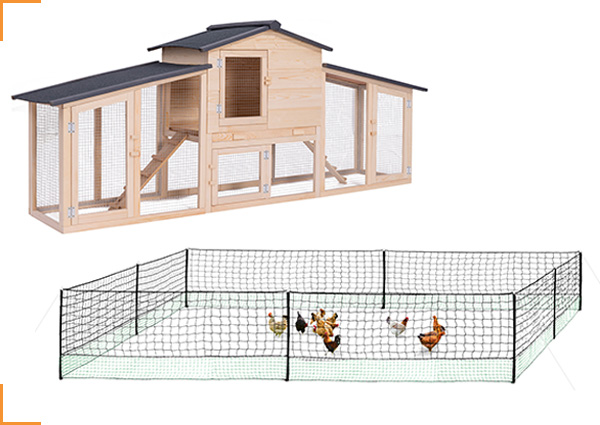 1 poulailler VIP avec clapier double + 1 kit clôture filet à poules 24 M