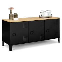15280 - Credenza bassa in metallo nero con piano in legno Buffet bas 113 cm ESTER 3 portes métal noir plateau bois design industriel