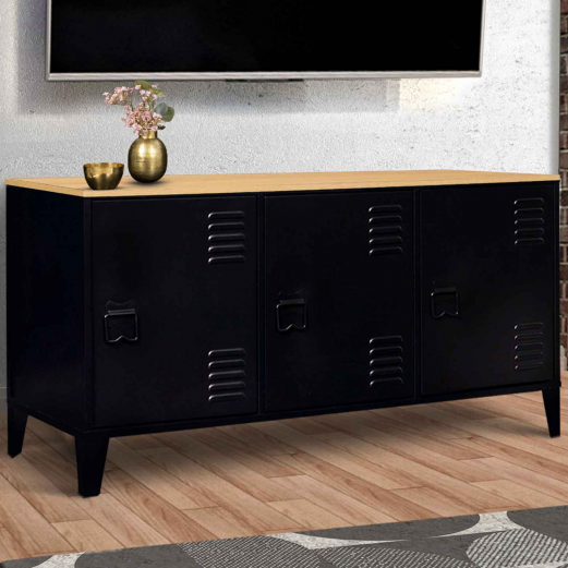 Buffet bas ESTER 3 portes métal noir plateau bois design industriel 113 cm
