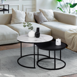 Lot de 2 tables basses gigognes ALASKA rondes 54/70 effet marbre et noir pied métal Lot de 2 tables basses gigognes ALASKA rondes 54/70 effet marbre et noir pied métal
