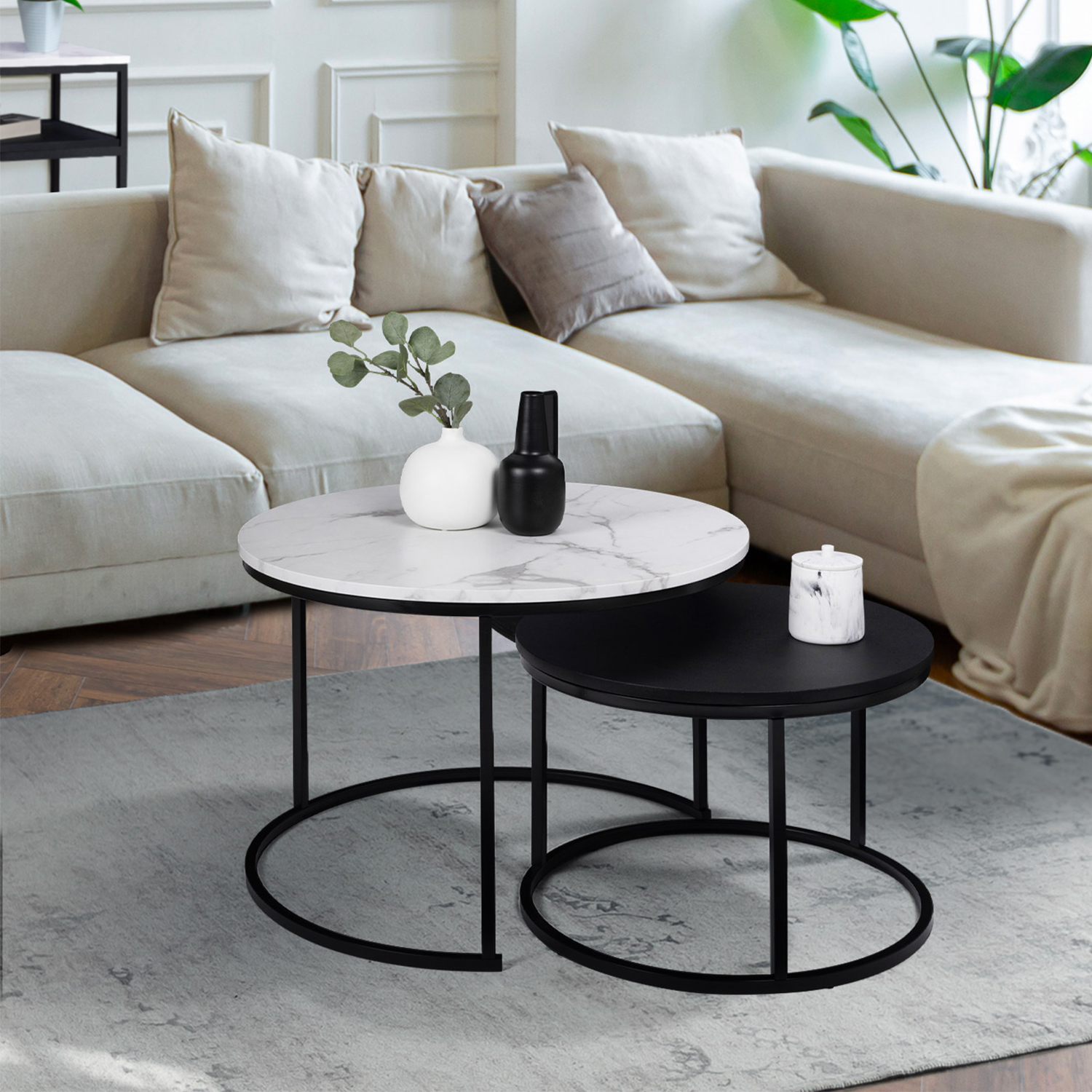 Tables gigognes rondes effet marbre et bois noir