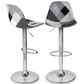 Lot de 2 tabourets de bar KARL design patchworks noirs, gris et blancs pied chromé