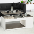 Table basse plateau relevable ELEA avec coffre bois blanc et effet béton