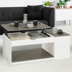 15461 - Tavolo da soggiorno con piano sollevabile, effetto cemento e legno bianco Table basse plateau relevable ELEA avec coffre bois blanc et effet béton
