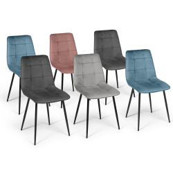 15463 - Set di 6 sedie in velluto trapuntato blu pastello, rosa e grigio Lot de 6 chaises MILA en velours mix color pastel bleu x2, gris foncé x2, gris clair, rose