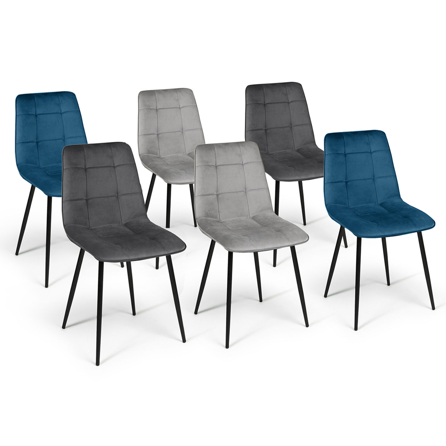 Lot de 6 chaises en velours mix color bleu et gris matelassées