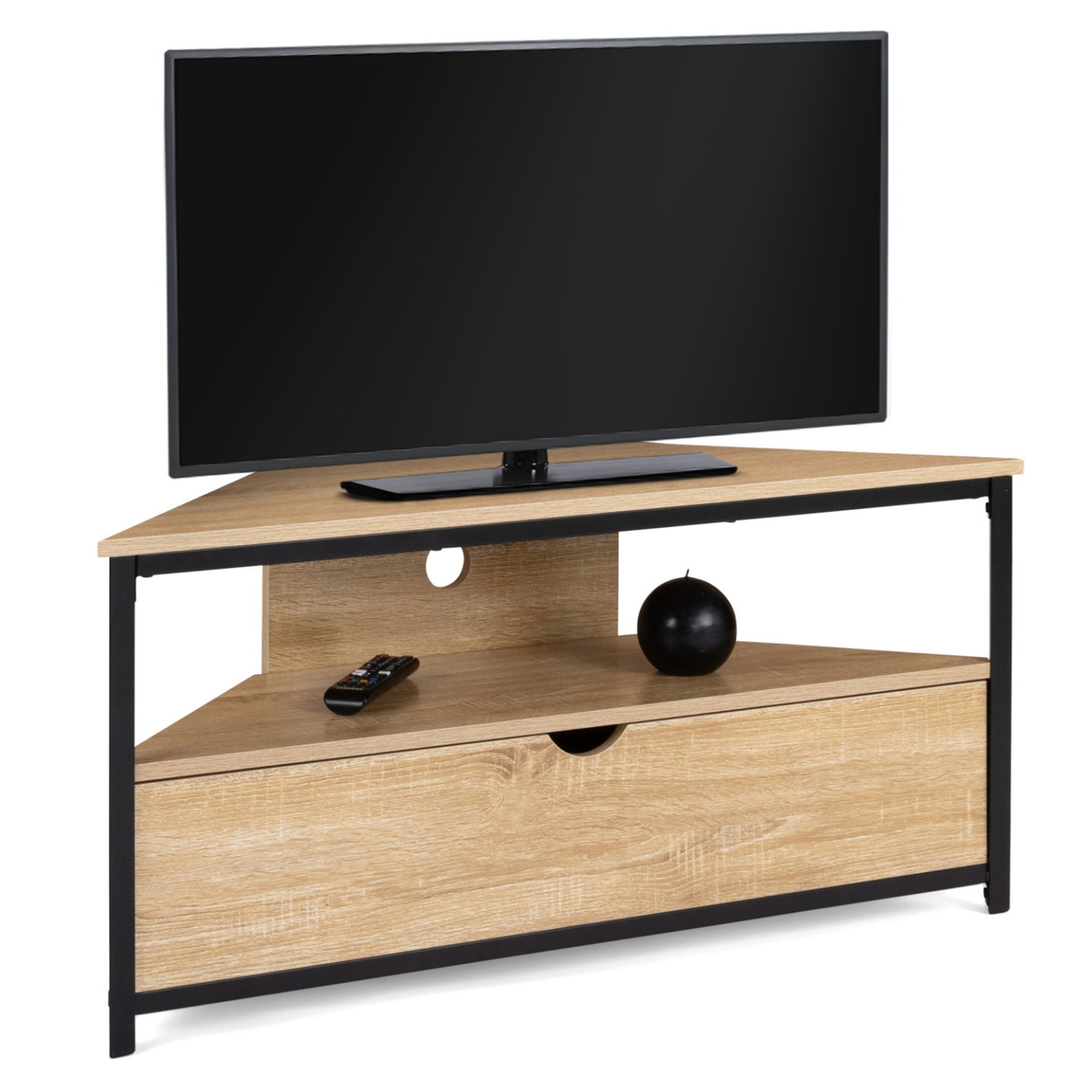 Mobile TV Angolare Detroit - Design Industriale Con Struttura In Metallo E Vassoi In Legno, Forma Triangolare 100x30x45 Cm Per Salotto