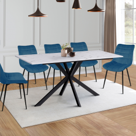 Table à manger ALASKA 8 personnes effet marbre blanc et pied araignée métal 160 cm Table à manger ALASKA 8 personnes effet marbre blanc et pied araignée métal 160 cm