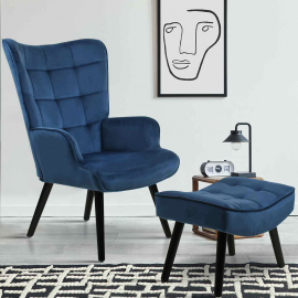 Fauteuil scandinave ANIA avec repose pieds velours bleu Fauteuil scandinave ANIA avec repose pieds velours bleu