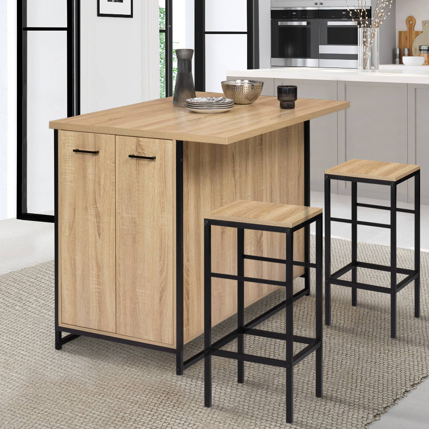 Table Bar Detroit 100cm + 4 Tabourets - Ensemble Bois Et Métal Noir Design Industriel IDMarket