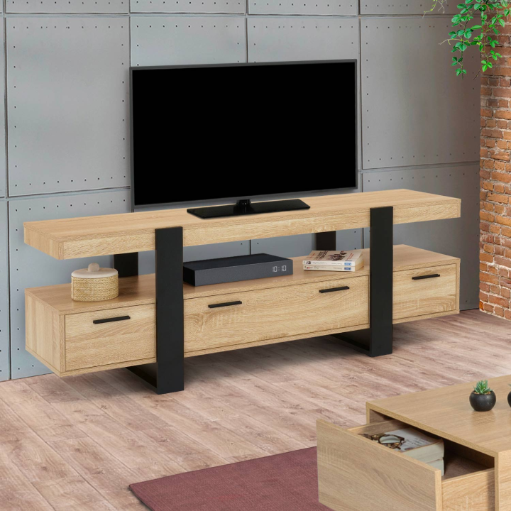 Meuble TV 140 cm PHOENIX avec tiroirs bois et noir Meuble TV 140 cm PHOENIX avec tiroirs bois et noir