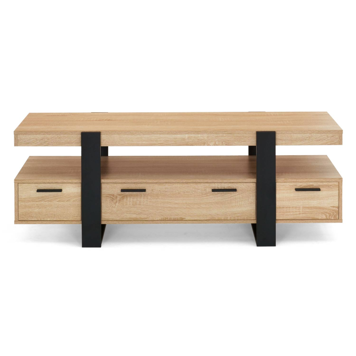 Meuble TV 140 cm PHOENIX avec tiroirs bois et noir Meuble TV 140 cm PHOENIX avec tiroirs bois et noir