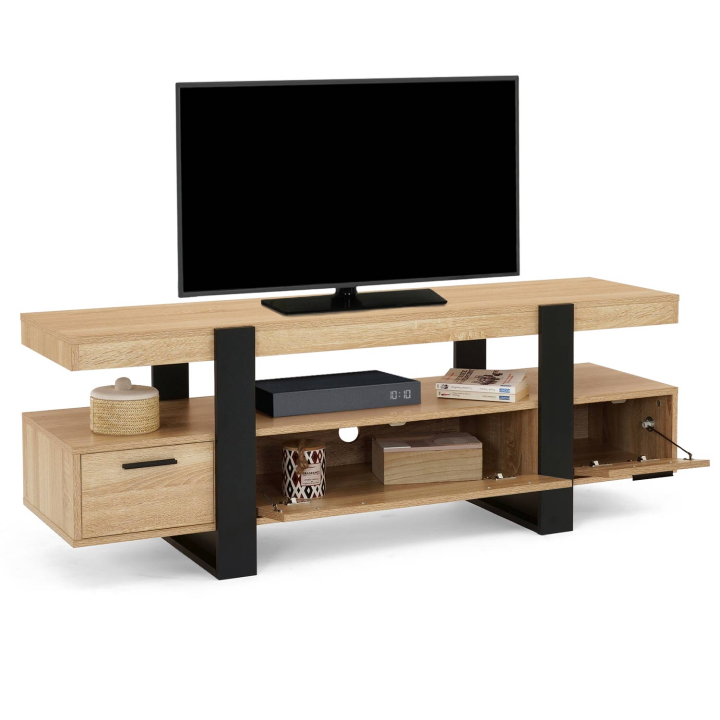Meuble TV 140 cm PHOENIX avec tiroirs bois et noir Meuble TV 140 cm PHOENIX avec tiroirs bois et noir