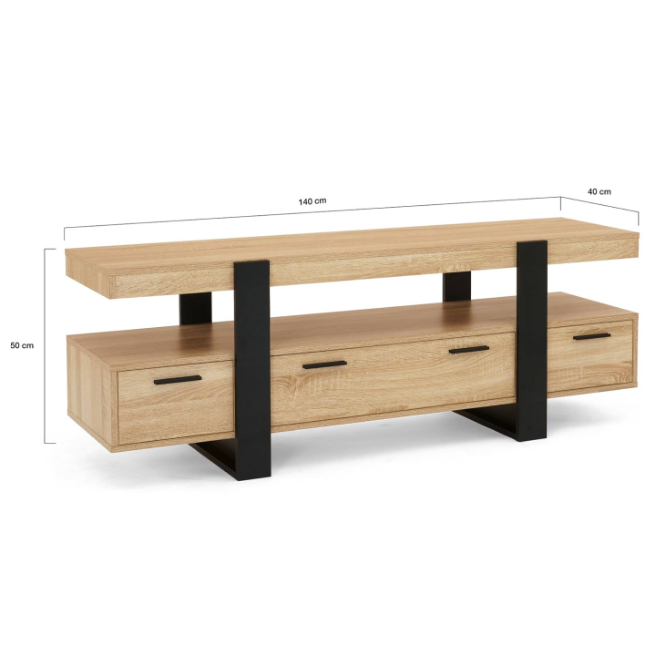 Meuble TV 140 cm PHOENIX avec tiroirs bois et noir Meuble TV 140 cm PHOENIX avec tiroirs bois et noir