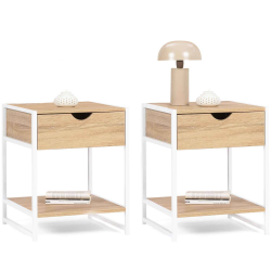 15450 - Set di 2 comodini in metallo bianco e legno Lot de 2 tables de chevet DETROIT métal blanc design industriel