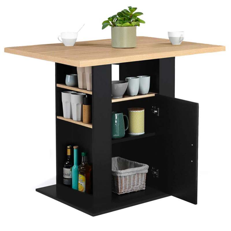 Îlot Central Cuisine 110cm Design Industriel - Noir Et Bois Foncé - Avec Rangements