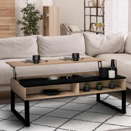 Table basse plateau relevable JERSEY bande noire avec rangements design industriel