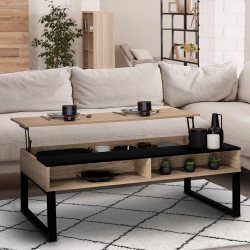 15434 - Tavolino da caffè dal design industriale con piano sollevabile e striscia portaoggetti nera Table basse plateau relevable JERSEY bande noire avec rangements design industriel