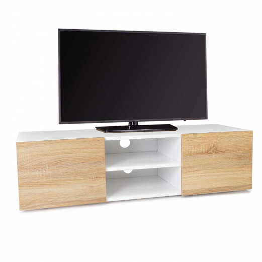 Meuble TV ELI blanc portes façon hêtre