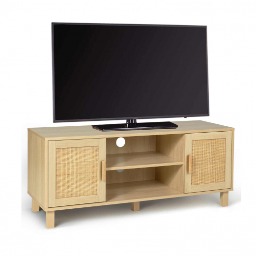Meuble TV vintage ELIN 2 portes effet naturel cannage 115 cm