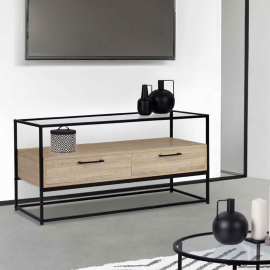 Meuble TV 113 cm SOLANO 2 tiroirs plateau en verre et pied métal design industriel