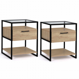Lot de 2 chevets SOLANO 1 tiroir plateau en verre et pied métal design industriel