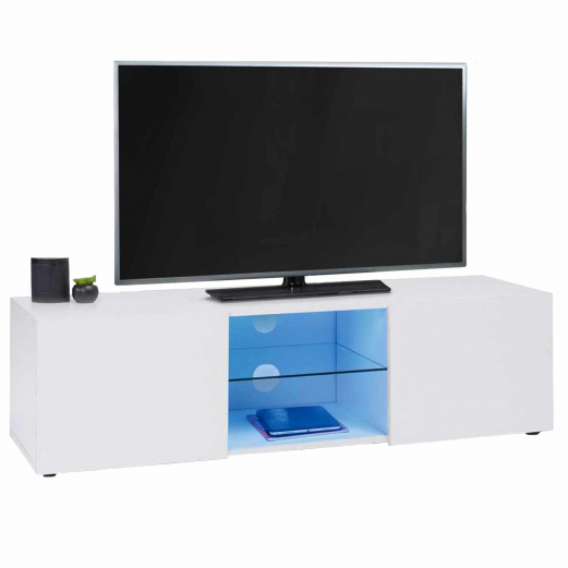 Meuble TV LED blanc avec étagère en verre - ELI