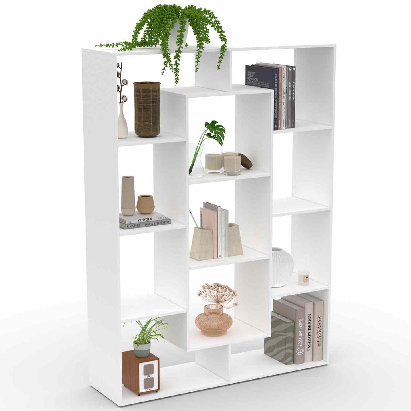 IDMarket Bibliothèque Colette – Étagère 11 Compartiments + 2 Portes – Effet Bois & Noir – H.143 Cm