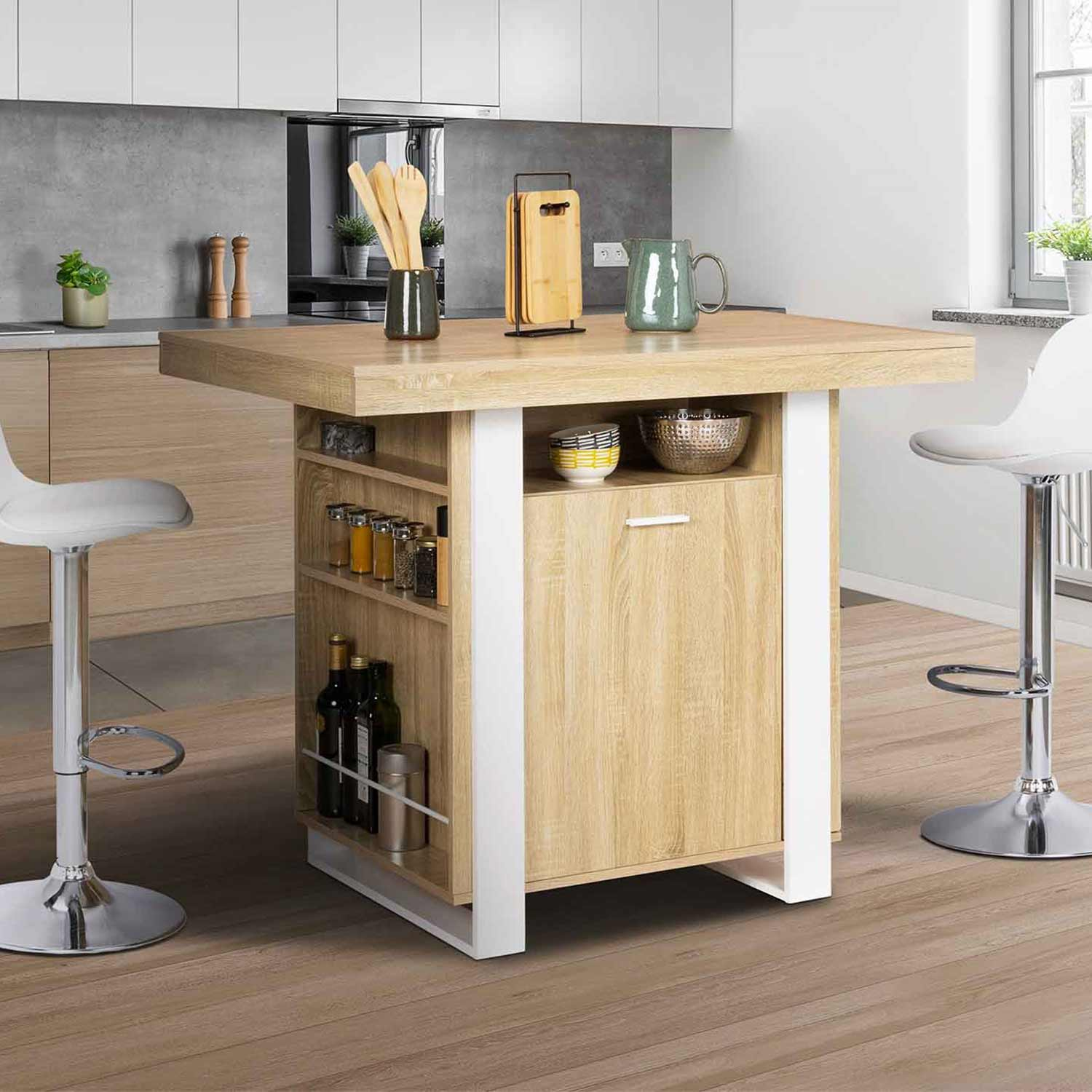 Îlot central industriel bois blanc et imitation hêtre 110 cm