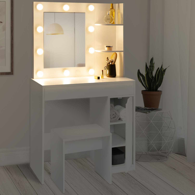 Coiffeuse D'angle Zelia Blanche Avec Miroir LED - 3 étagères, Tiroir, Caisson Et Tabouret - Pour Dressing Ou Chambre - 2
