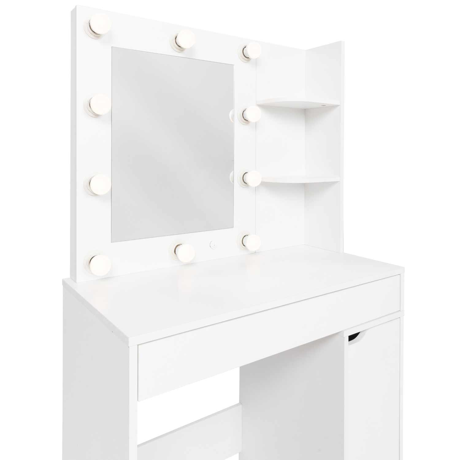Coiffeuse blanche avec miroir LED 1 tiroir et tabouret - ZELIA