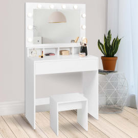 Coiffeuse ZELIA miroir LED avec 4 niches, 1 tiroir et tabouret