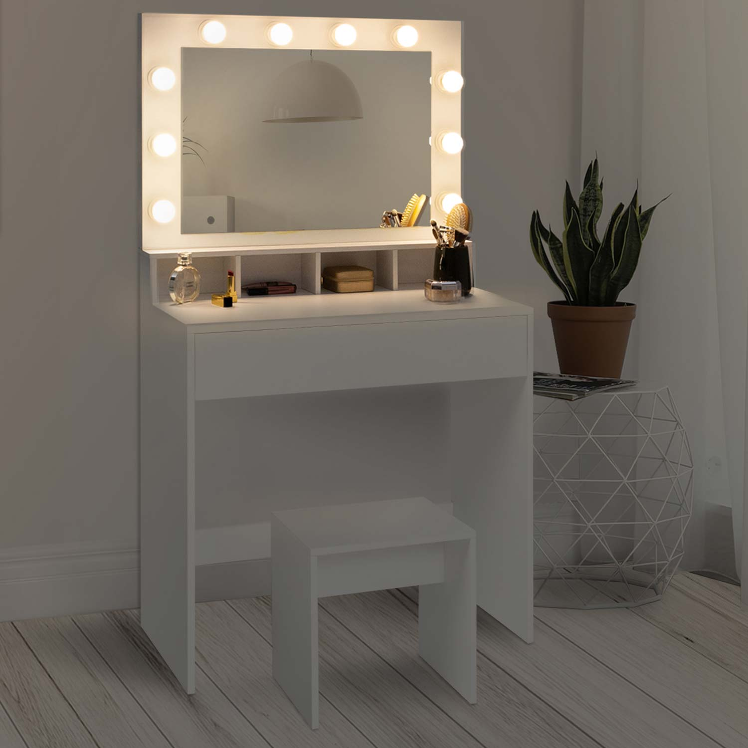 Coiffeuse table maquillage gris + grand miroir + LED Coiffeuse moderne