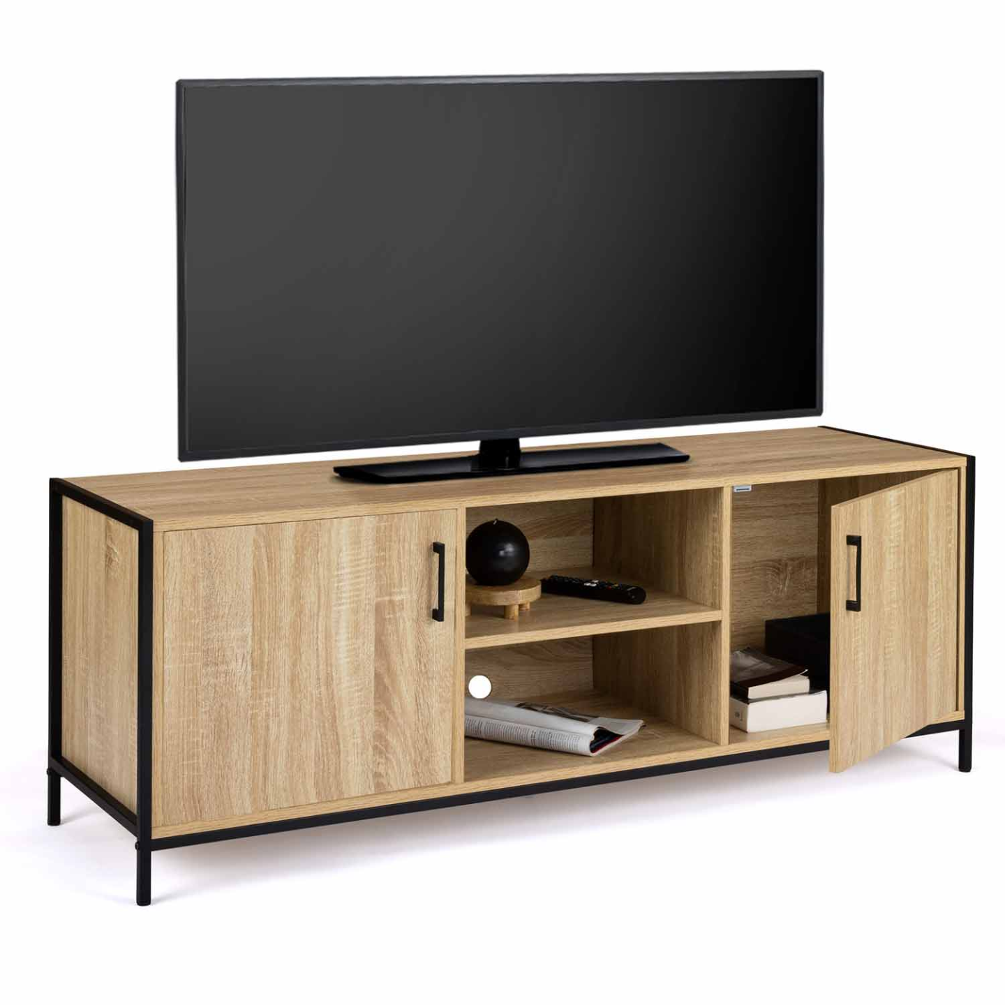Meuble TV Detroit 140 Cm – Style Industriel Bois & Métal, 2 Portes, 2 Niches, Plateau XXL Jusqu’à 60 Pouces