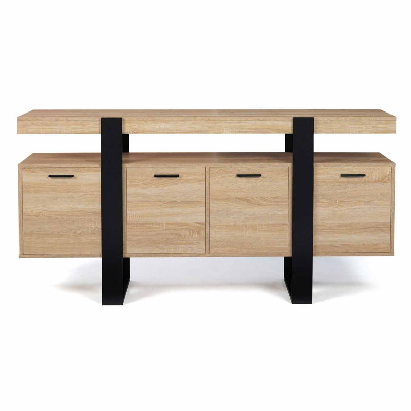 IDMarket Buffet Phoenix 140 Cm 4 Portes Bois Et Noir - Meuble Rangement Salle à Manger Industriel