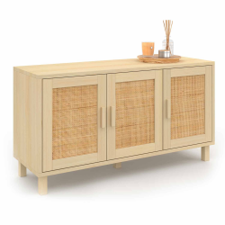 15593 - Credenza bassa a 3 ante in legno e canna Buffet bas vintage 113 cm ELIN 3 portes effet naturel cannage