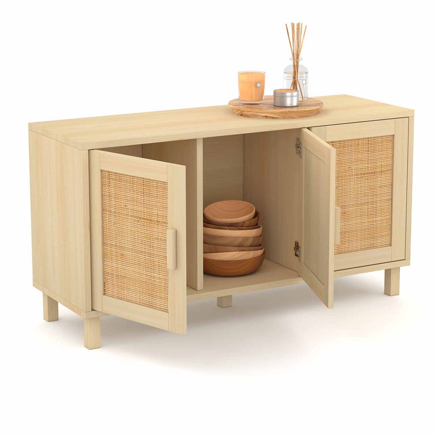 Buffet bas bois et cannage 3 portes - ELIN | ID Market