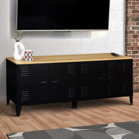 Buffet bas ESTER 4 portes métal noir et plateau bois design industriel 140 cm