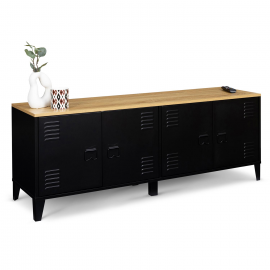Buffet bas ESTER 4 portes métal noir et plateau bois design industriel 140 cm Buffet bas ESTER 4 portes métal noir et plateau bois design industriel 140 cm