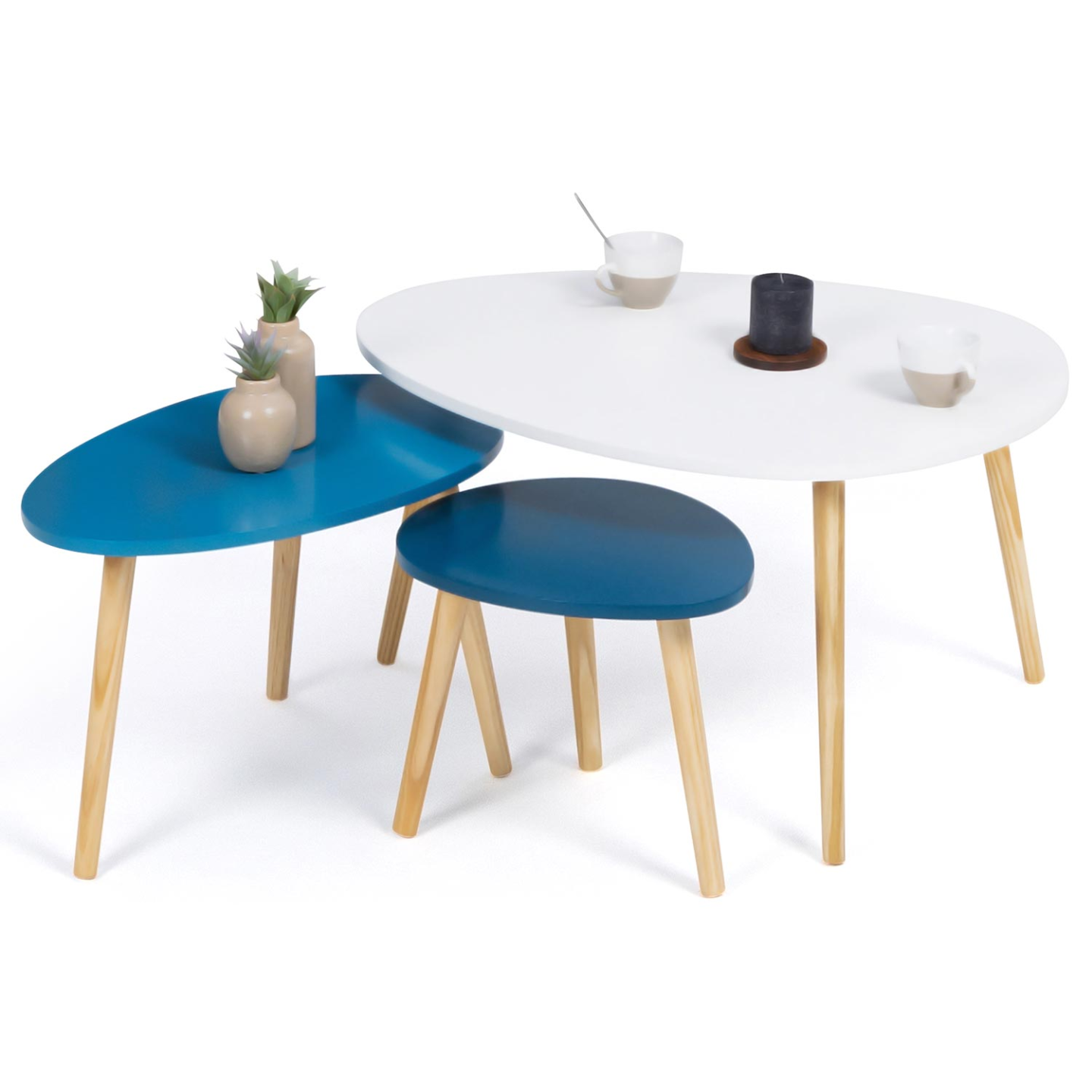 Lot De 2 Tables Basses Gigognes Scandinaves Blanc Laqué - Design Ovale - Pieds Bois - Pour Salon Moderne - 80x60cm Et 60x38cm