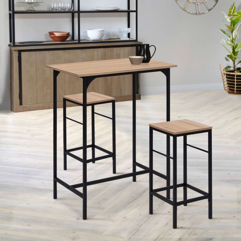 Ensemble Table De Bar îlot JUNO Bois Noir Avec Plateau Façon Hêtre Et 2
