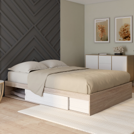 Cadre de lit SALEM avec rangements et sommier 140 x 190 cm effet bois avec tiroirs blanc Cadre de lit SALEM avec rangements et sommier 140 x 190 cm effet bois avec tiroirs blanc