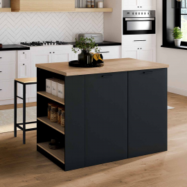 Ilot central TIBO 120 cm bois noir avec plan de travail façon hêtre Ilot central TIBO 120 cm bois noir avec plan de travail façon hêtre