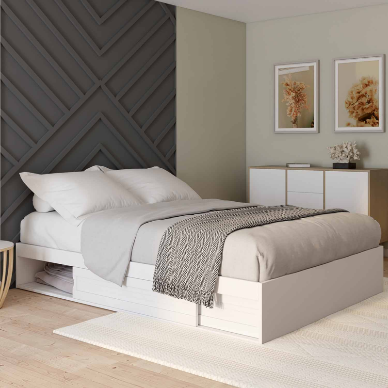 Cadre de lit 140x190 cm avec sommier et rangements blanc et bois