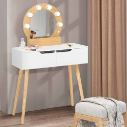 14586 - Tavolino da toilette bianco in stile scandinavo con specchio a LED e cassetti Coiffeuse scandinave 2 tiroirs HORIA bois et blanc avec miroir