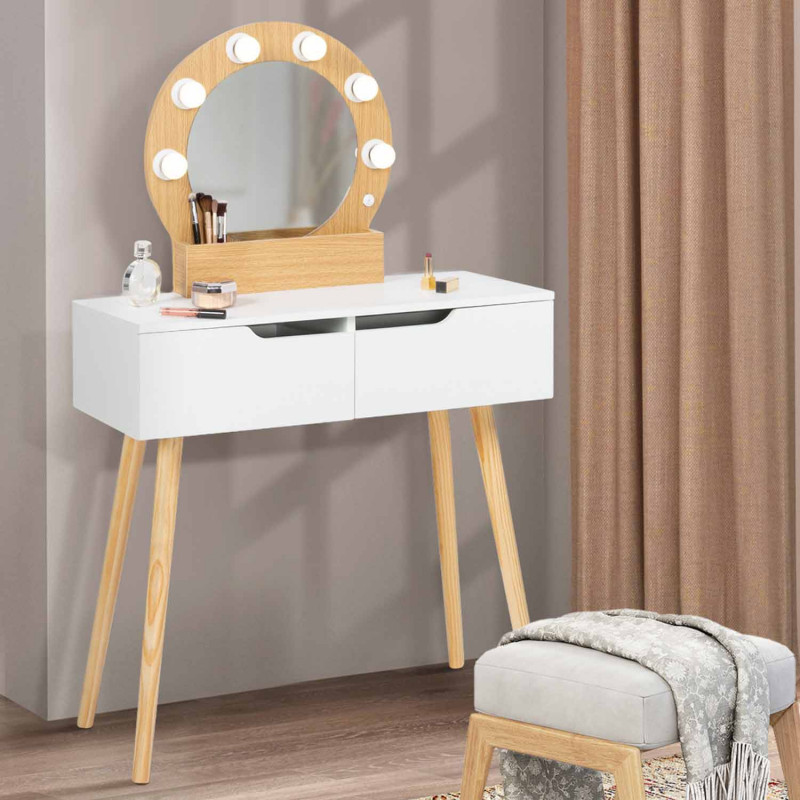 Coiffeuse scandinave blanche et bois avec miroir LED et tiroirs - HORIA