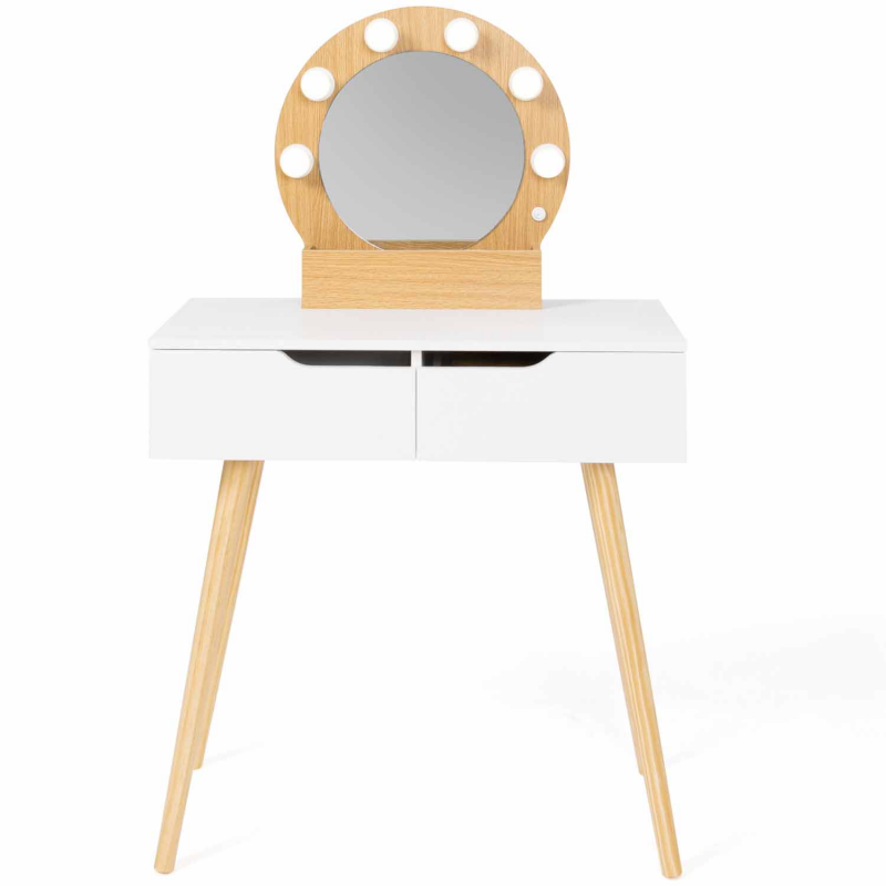 Coiffeuse scandinave blanche et bois avec tiroirs et miroir LED